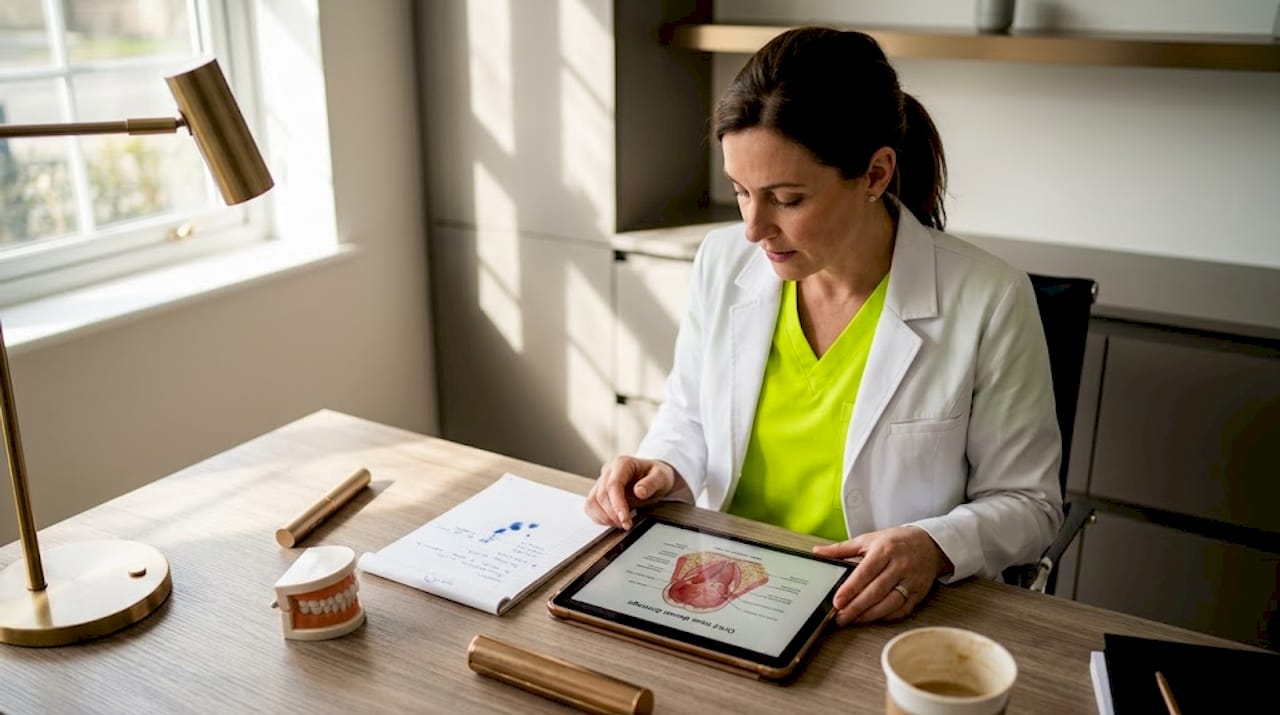 Dentist reviewing oral health effects of pouches