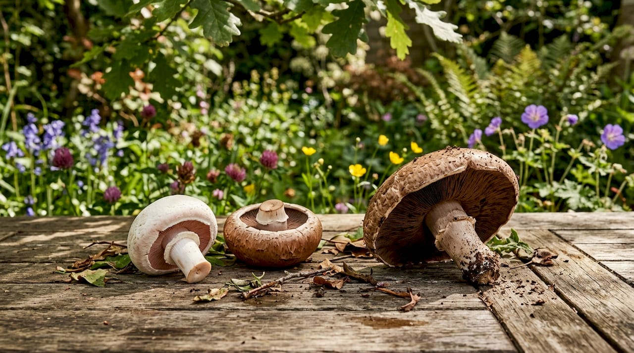 Button, cremini, and portobello mushrooms on cutting board