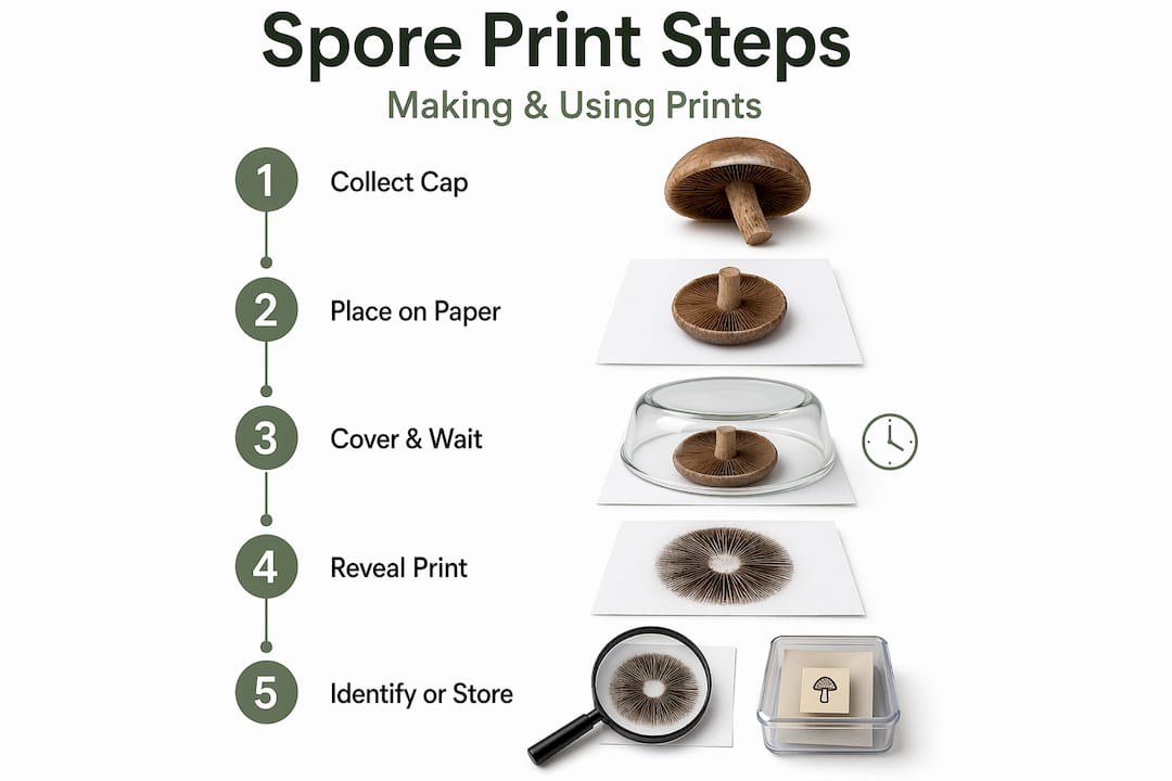 Infographic with mushroom spore print process steps