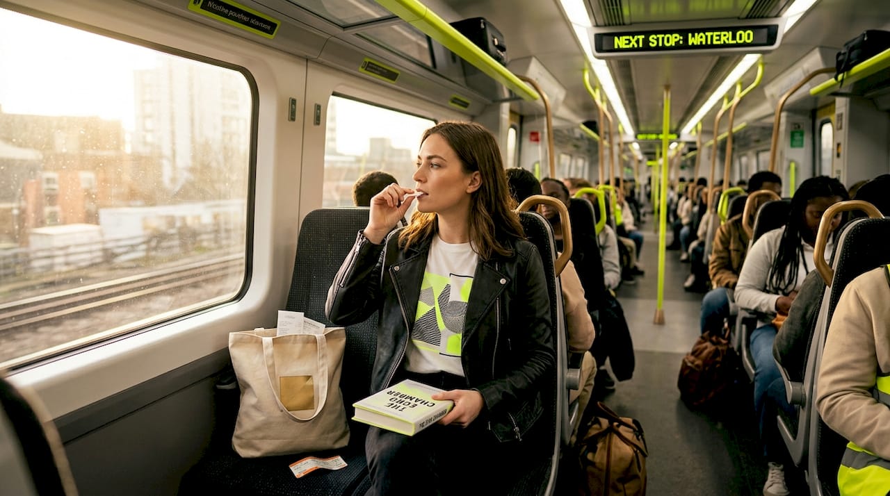 Commuter discreetly using nicotine pouch on train