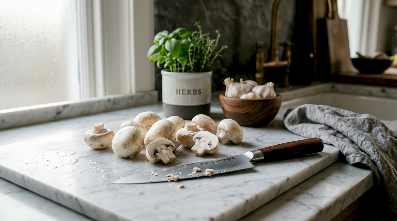 Close-up white button mushrooms on chopping board