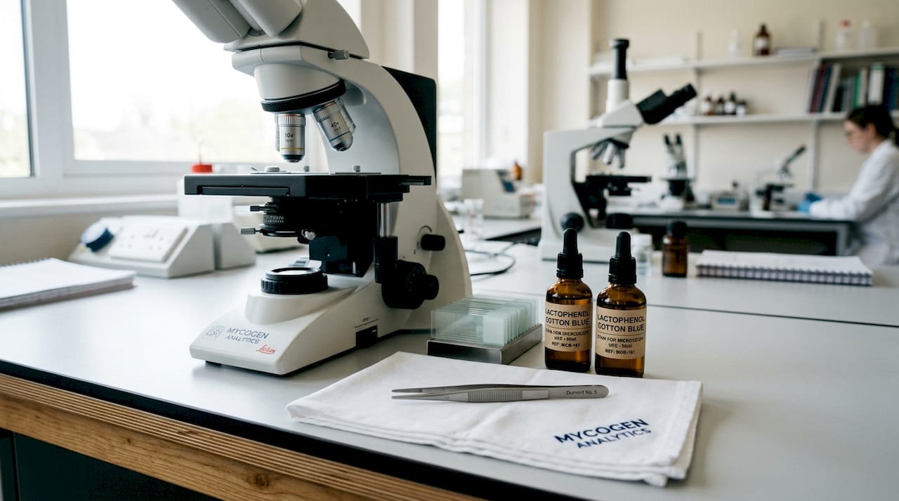 Close-up of essential fungal spore microscopy tools