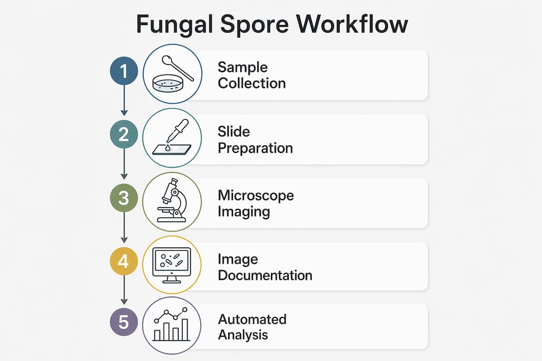Infographic outlining fungal spore microscopy workflow steps