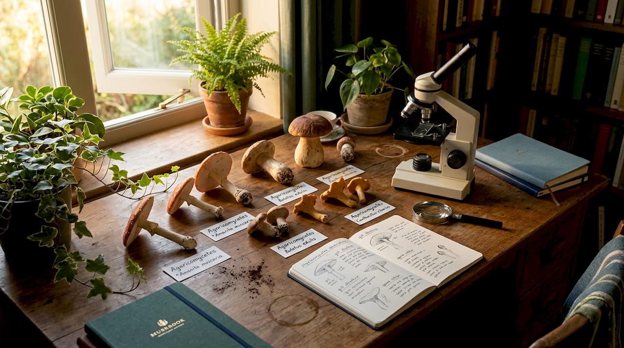 Mushroom specimens with taxonomy labels on wooden table