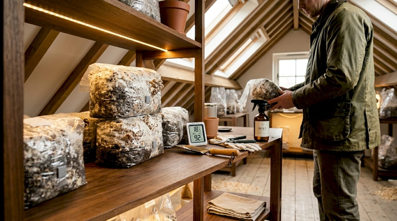 Indoor mushroom grow bags colonized by mycelium
