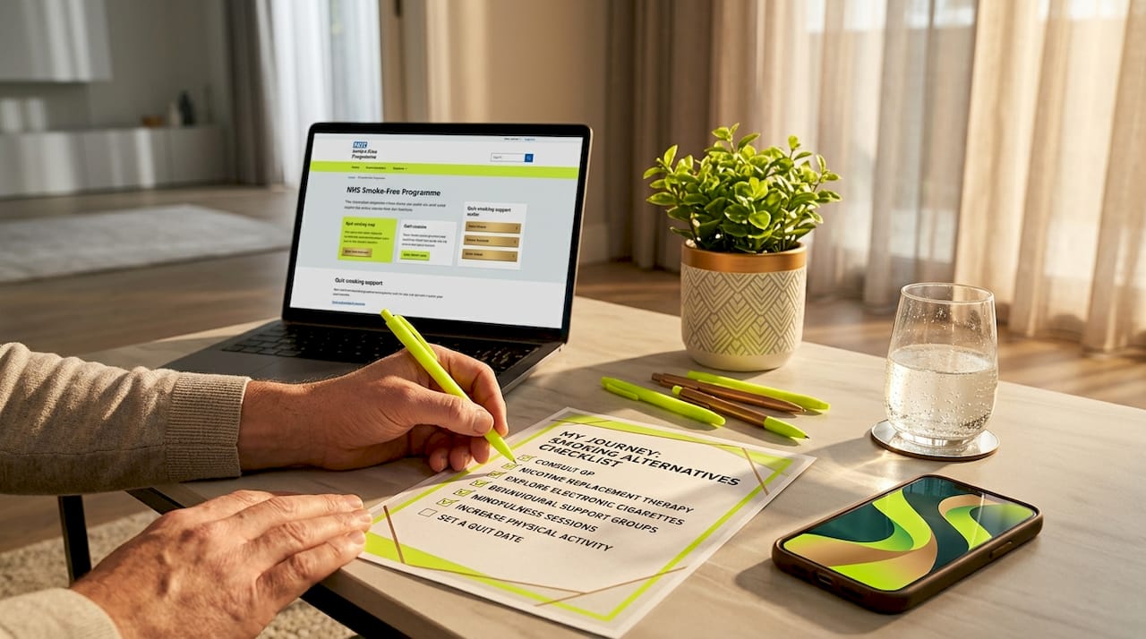 Person marking smoking alternatives checklist at desk