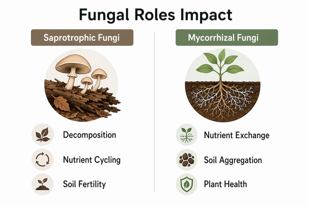 Infographic comparing saprotrophic and mycorrhizal fungi roles