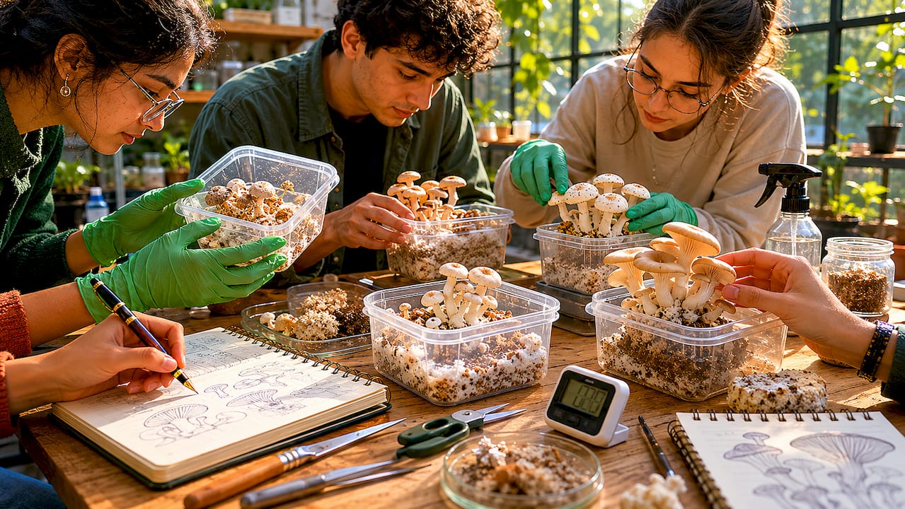 Students examining mushroom cultures hands close-up