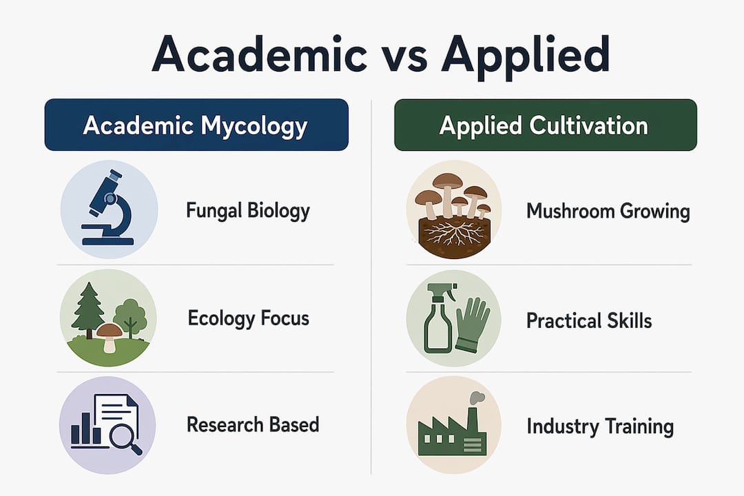 Infographic comparing academic mycology and applied cultivation