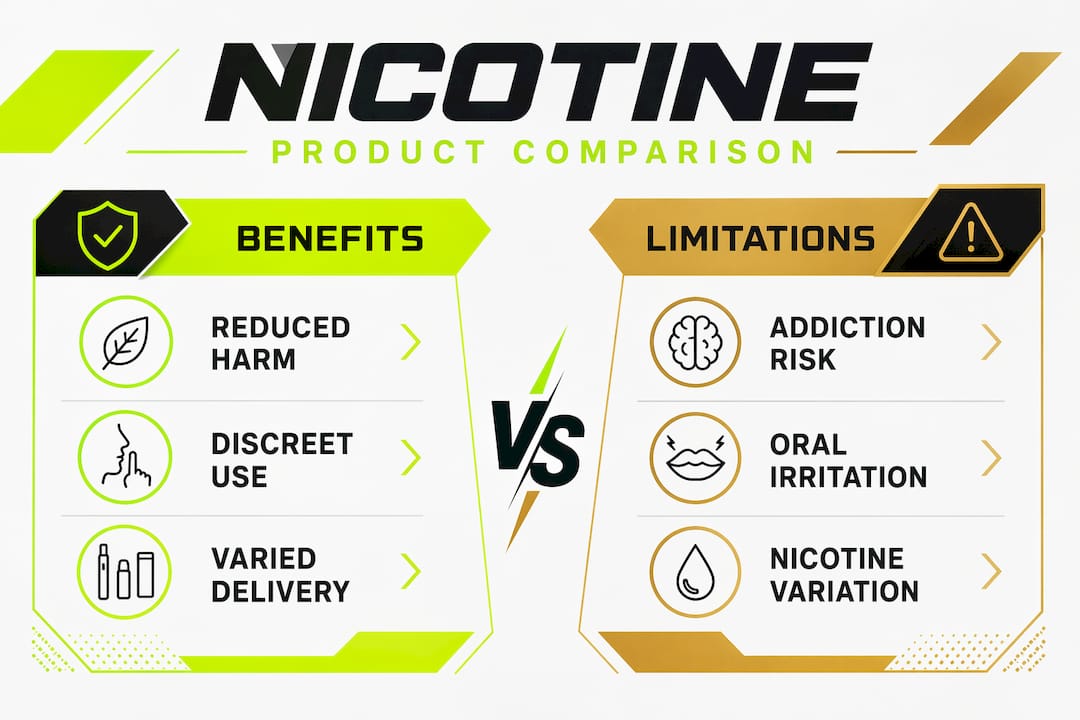 Infographic comparing benefits and limitations of nicotine products