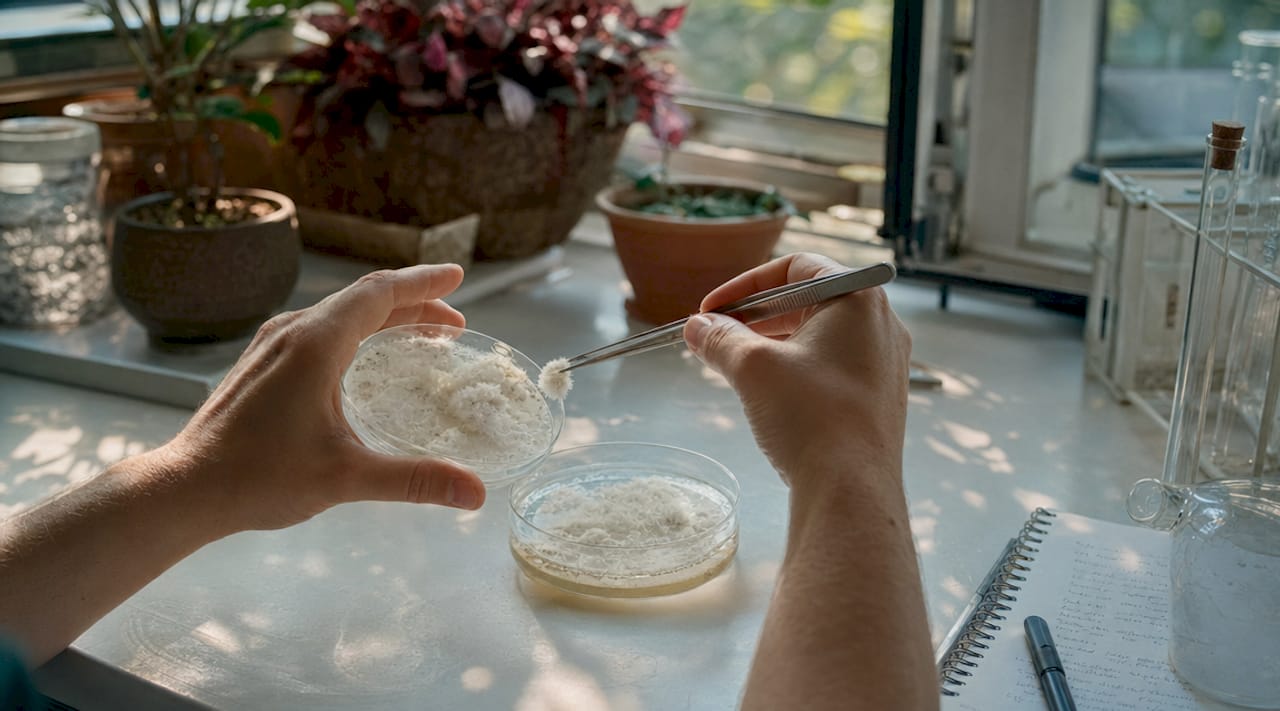 Close-up of mycelium growth in agar petri dish
