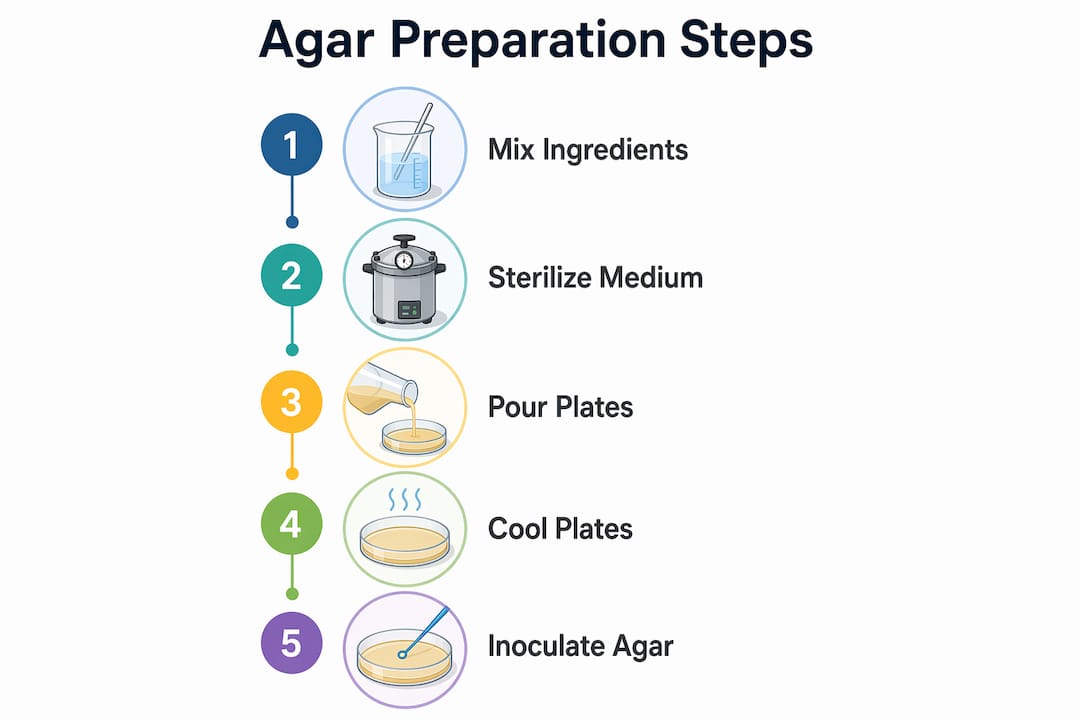 Infographic showing agar preparation steps for mushroom growing