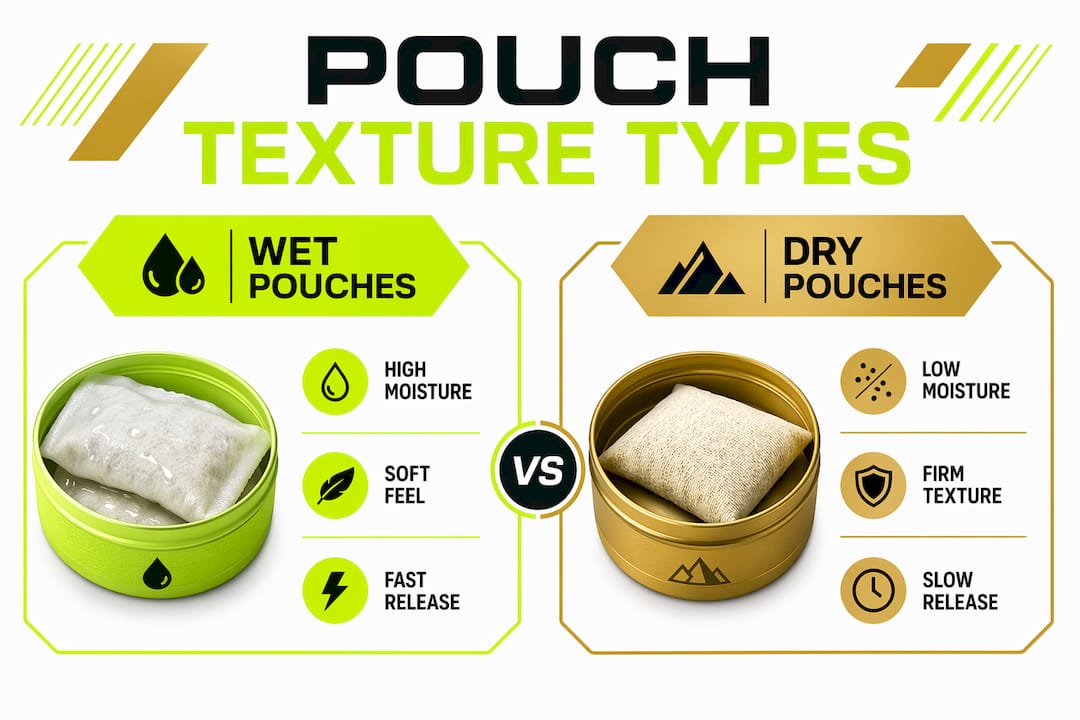 Infographic comparing wet and dry nicotine pouch textures