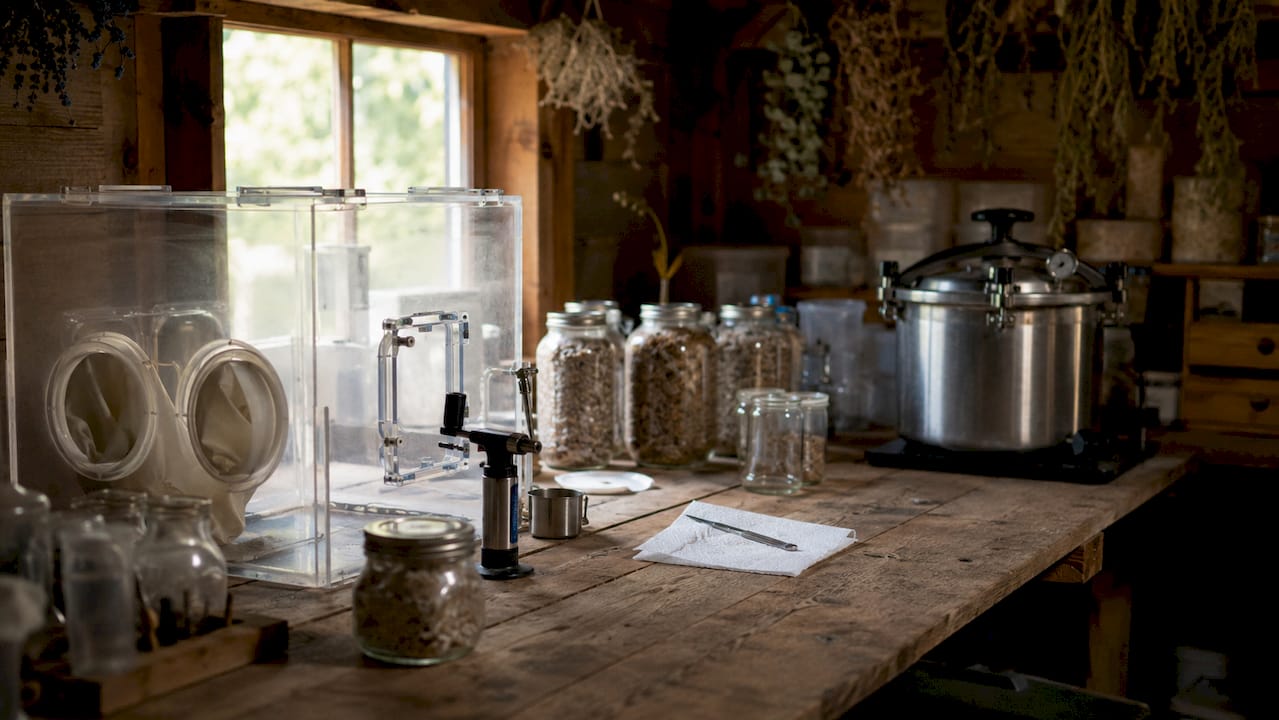 Mushroom lab tools organized on wooden table