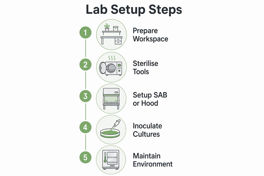 Infographic displaying numbered steps for mushroom lab setup