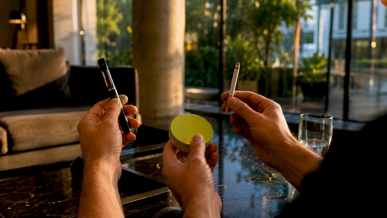 Hands holding various nicotine delivery products