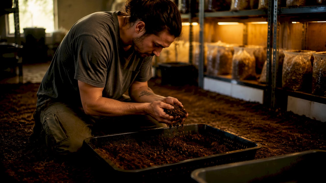 Hands testing mushroom substrate moisture level