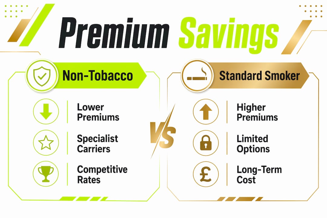 Infographic comparing premium savings between non-tobacco and smoker insurance rates