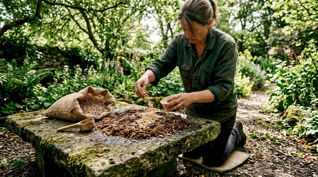 Hands adding supplement to mushroom substrate