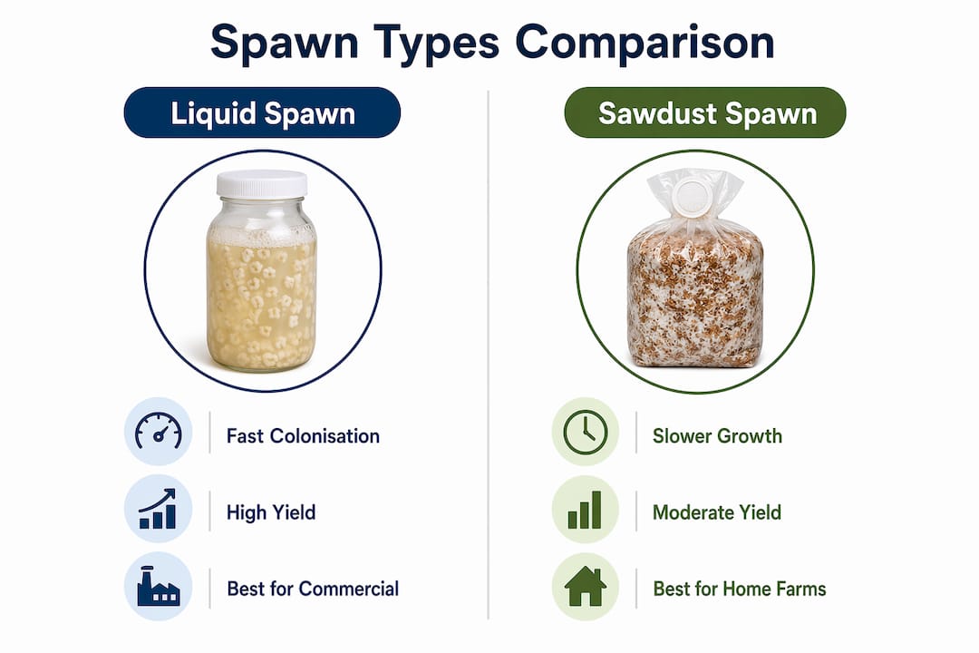 Infographic comparing liquid and sawdust spawn