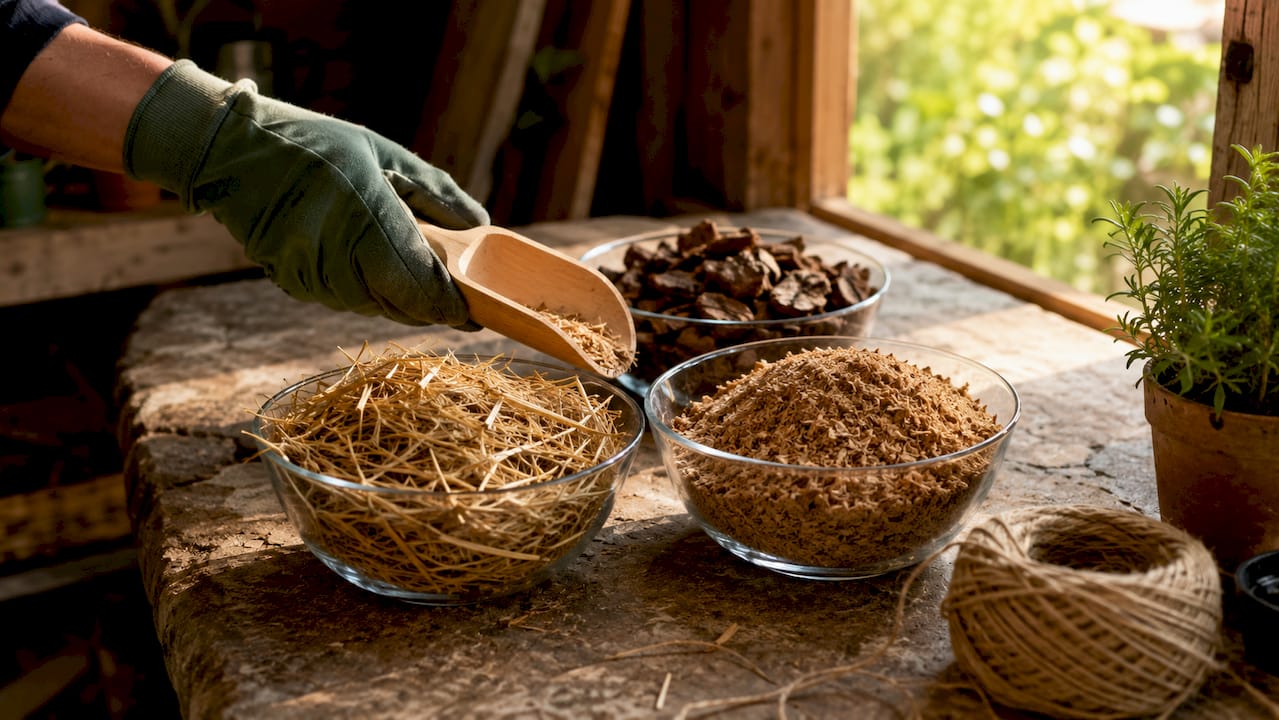 Overhead view of mushroom substrate materials in bowls