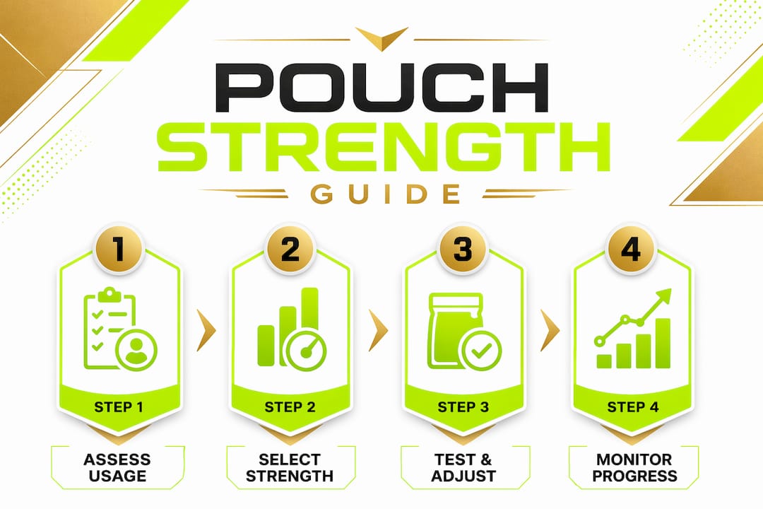 Infographic showing nicotine pouch strength selection steps