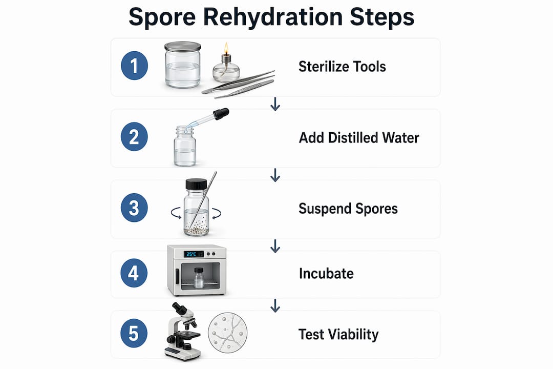 Infographic illustrating mushroom spore rehydration steps