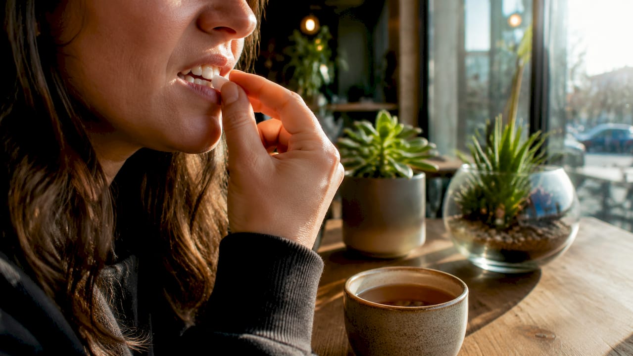 Close-up of hand placing mint nicotine pouch in mouth