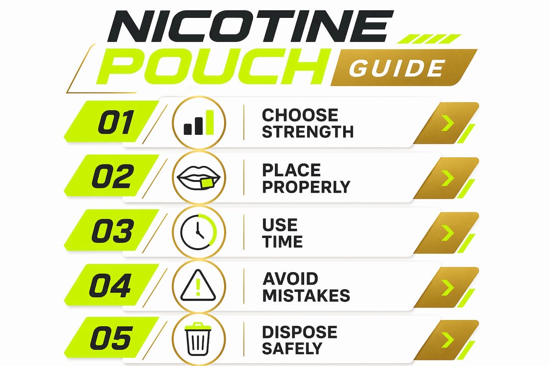 Infographic illustrating steps to use nicotine pouches