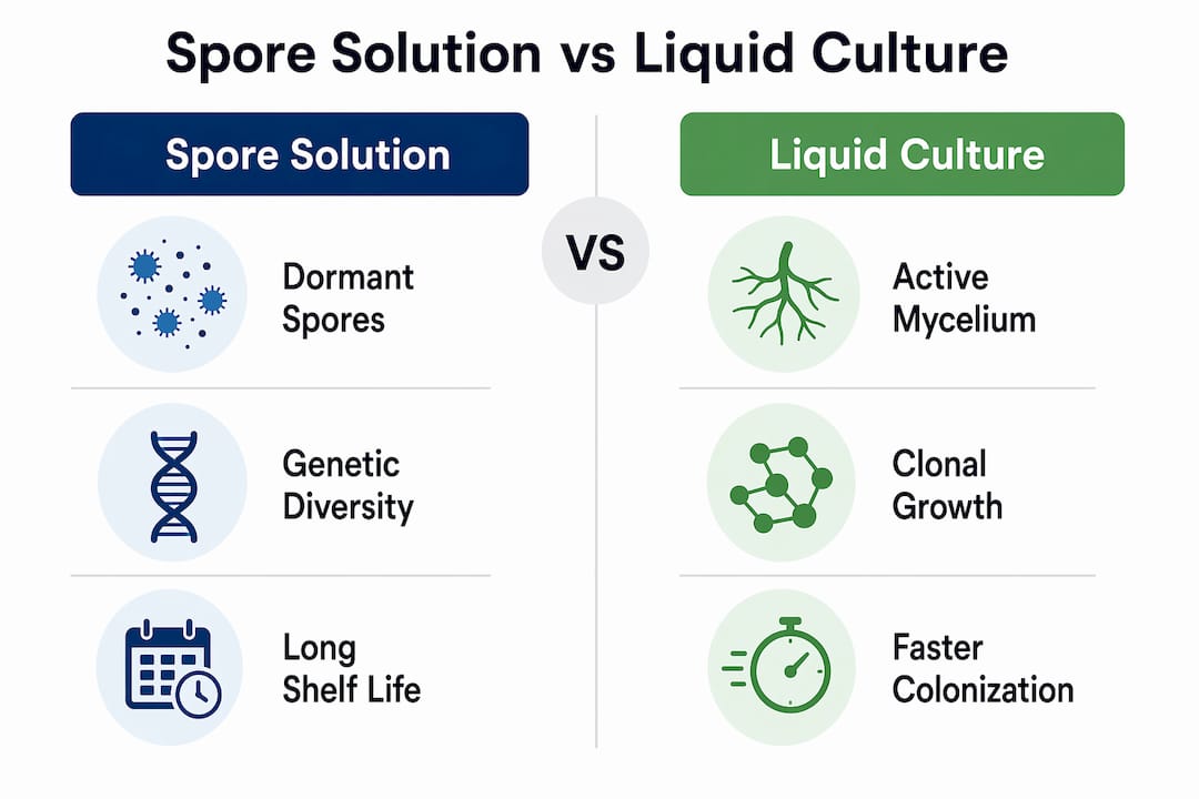 Infographic comparing spore solution and liquid culture key features