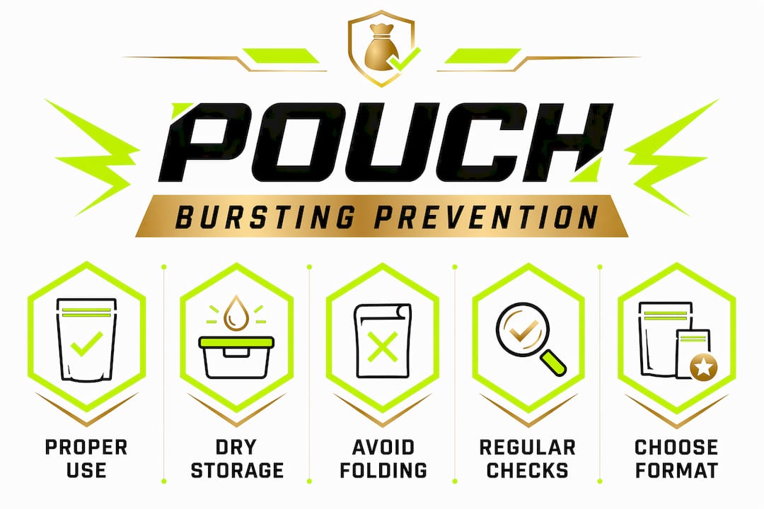 Infographic illustrating steps to prevent pouch bursting