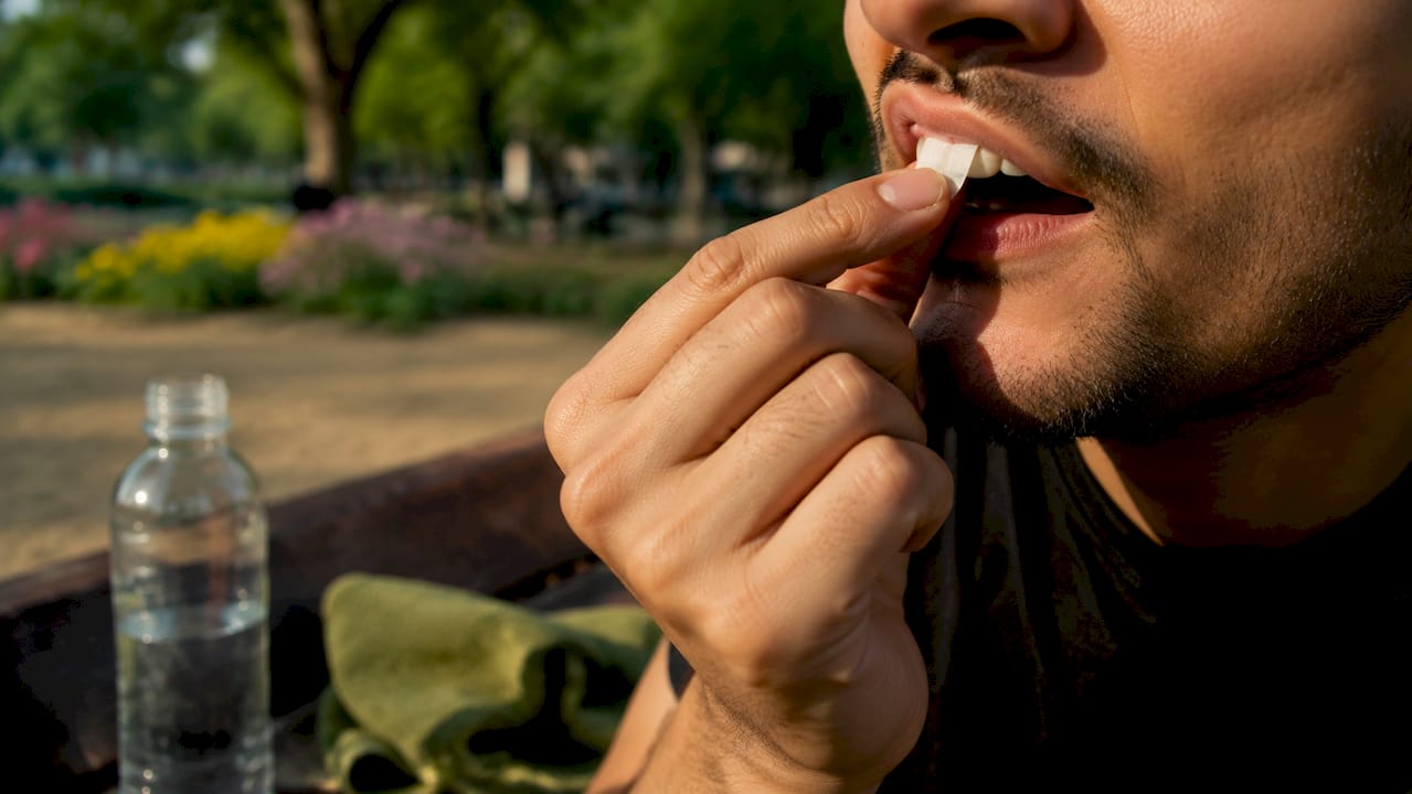 Close-up of hand placing nicotine pouch in mouth