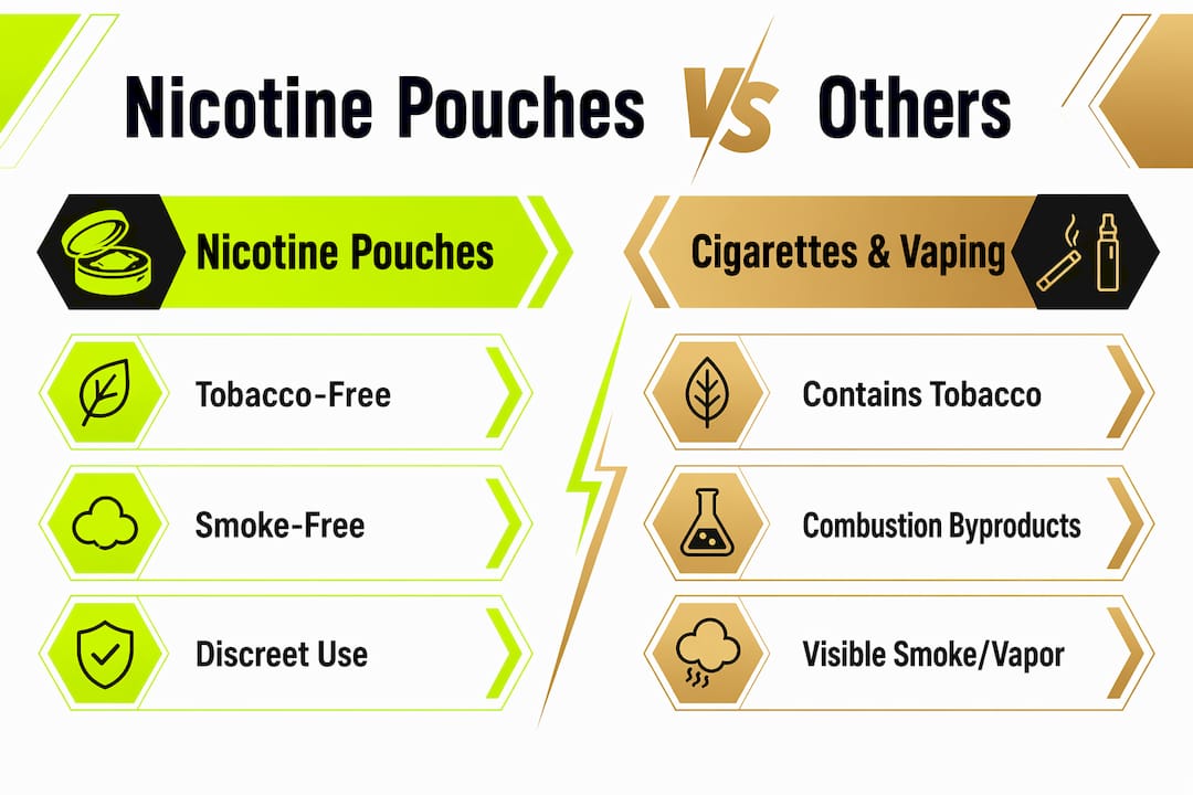 Comparison infographic of nicotine pouches and cigarettes vaping
