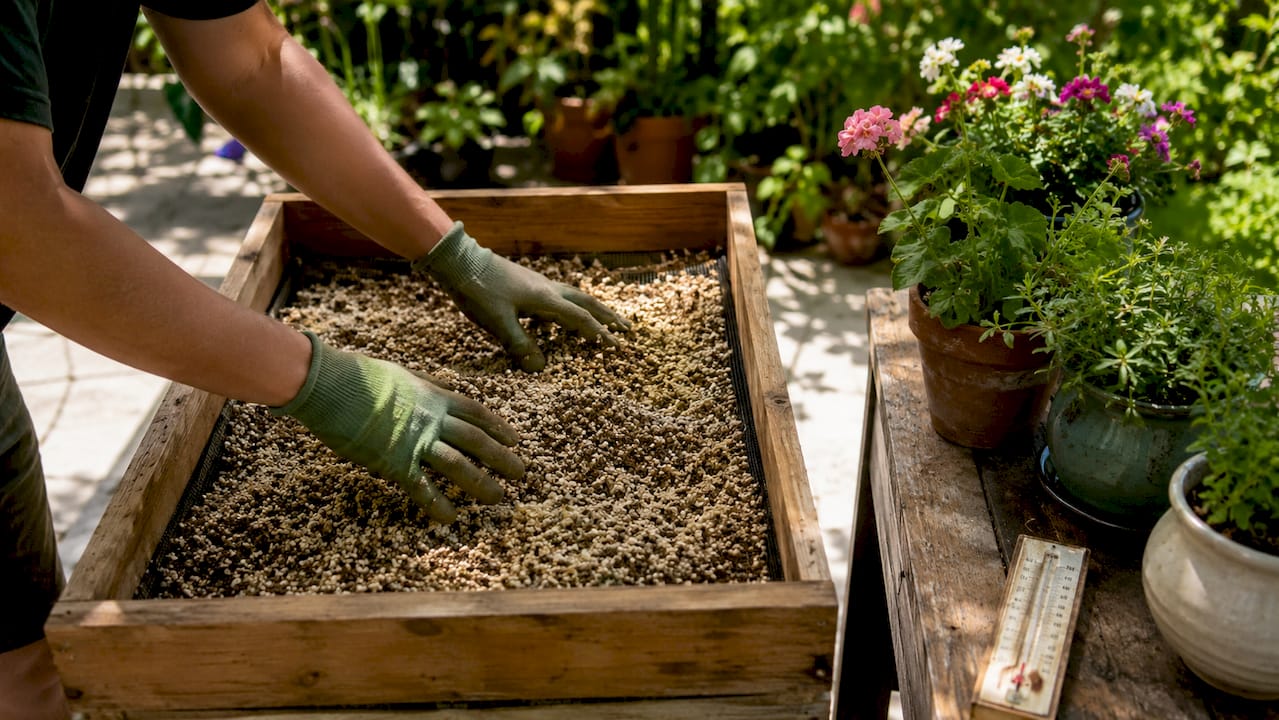 Hands preparing fungal substrate in greenhouse