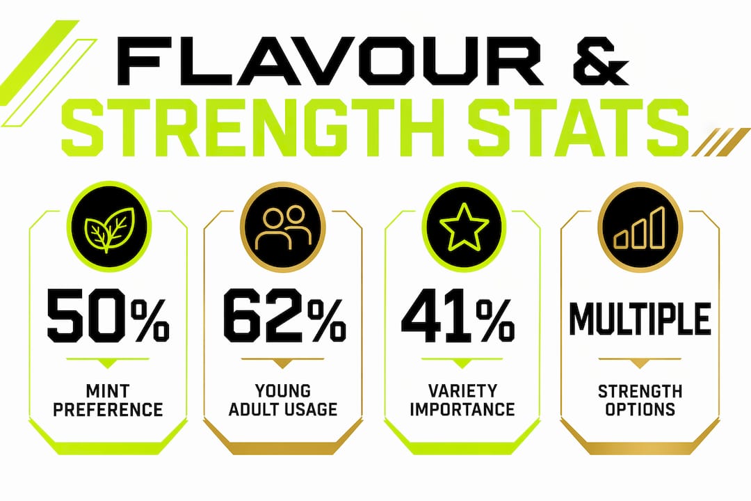 Infographic summarizing key nicotine pouch flavour and strength stats