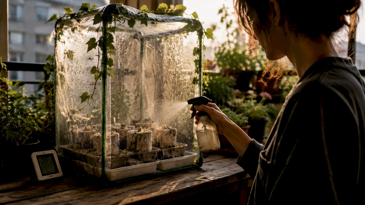 Hand misting mushroom pins under humidity tent