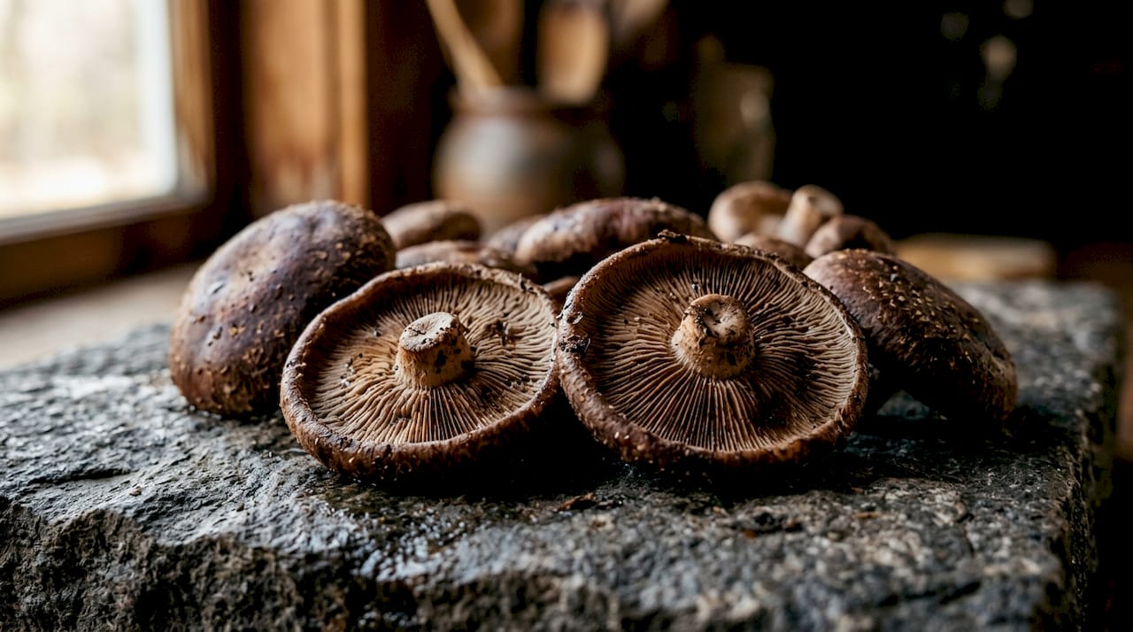 Close-up of fresh shiitake mushroom caps