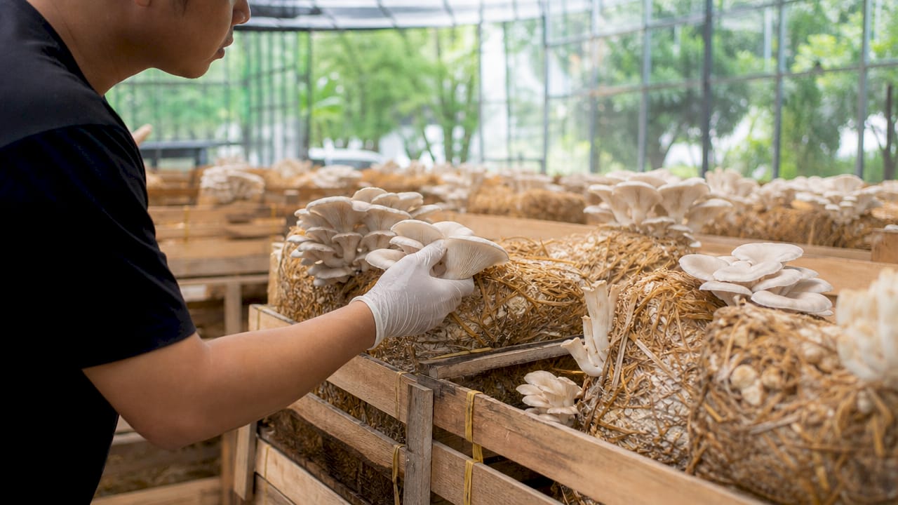 Close-up of oyster mushroom cultivation farm