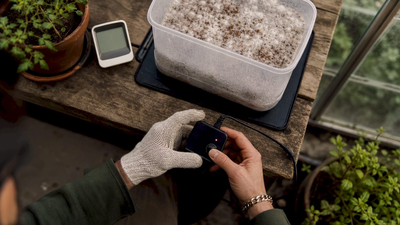 Hands adjusting heat mat thermostat under mushroom substrate