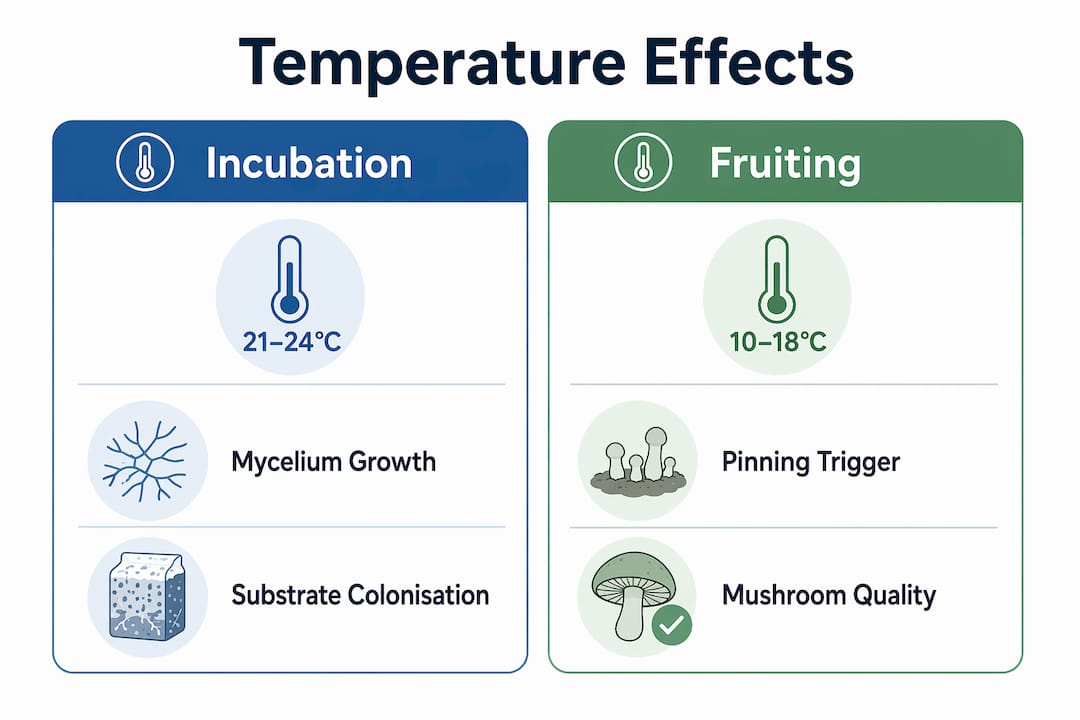 Infographic comparing incubation and fruiting temperature effects