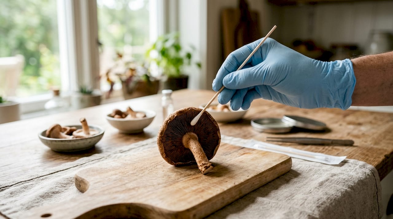 Gloved hand swabbing mushroom gills for spores