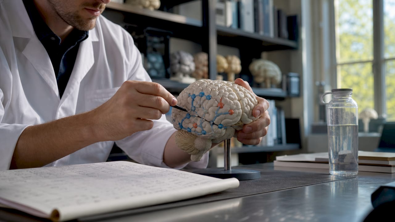 Hands holding brain model with serotonin receptors