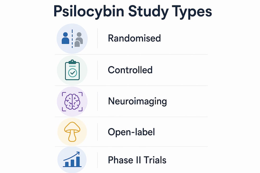 Infographic listing types of psilocybin research studies