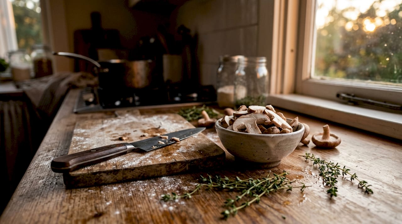 Sliced shiitake mushrooms and nutrition-related props on table