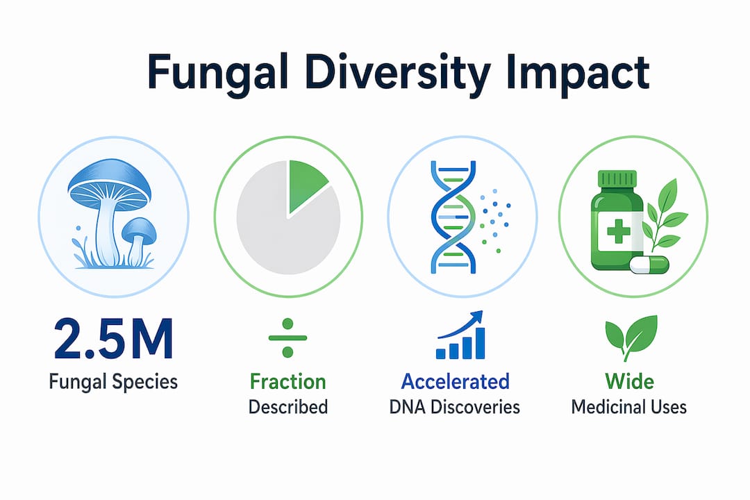 Infographic showing fungal species statistics and scientific impacts