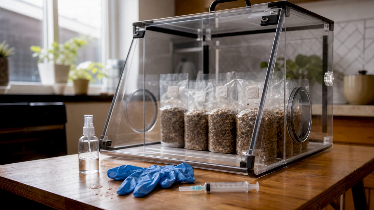 Overhead view of sterile mushroom inoculation workspace