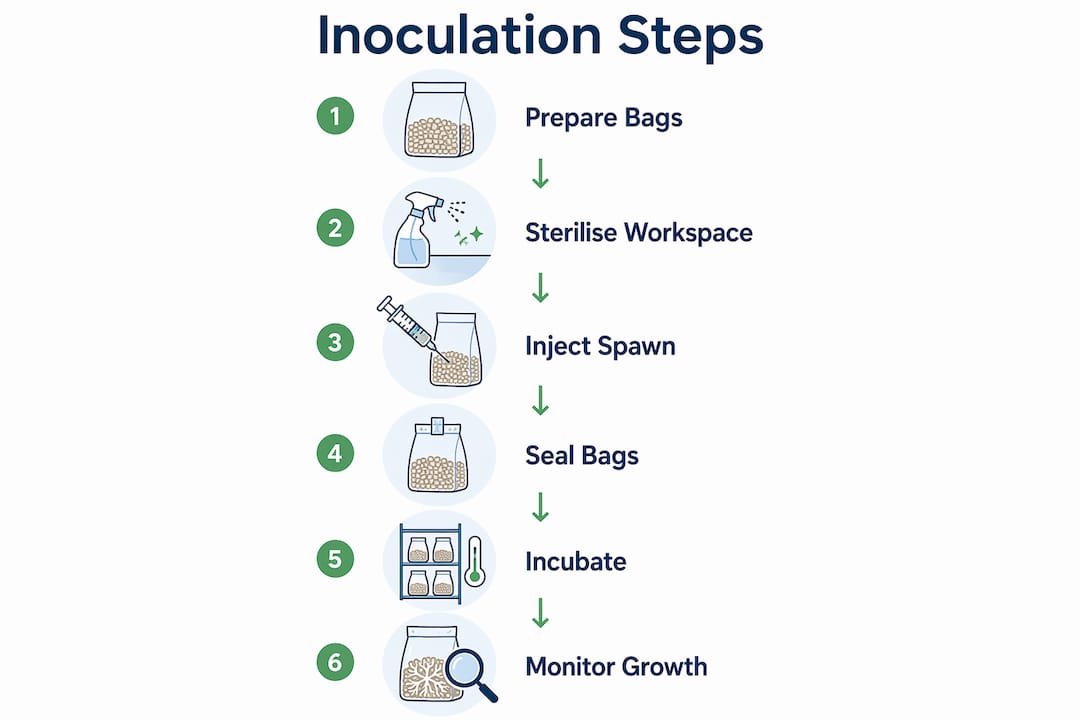 Infographic illustrating six mushroom bag inoculation steps in vertical flow