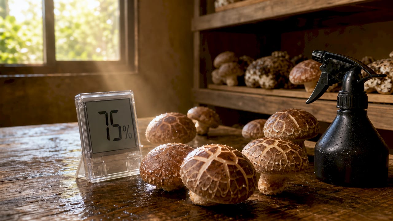 Hygrometer showing low humidity near cracked shiitake caps