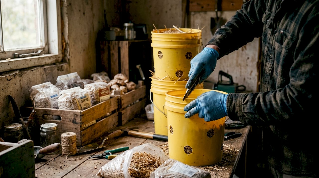 Hands preparing oyster mushroom cultivation bucket
