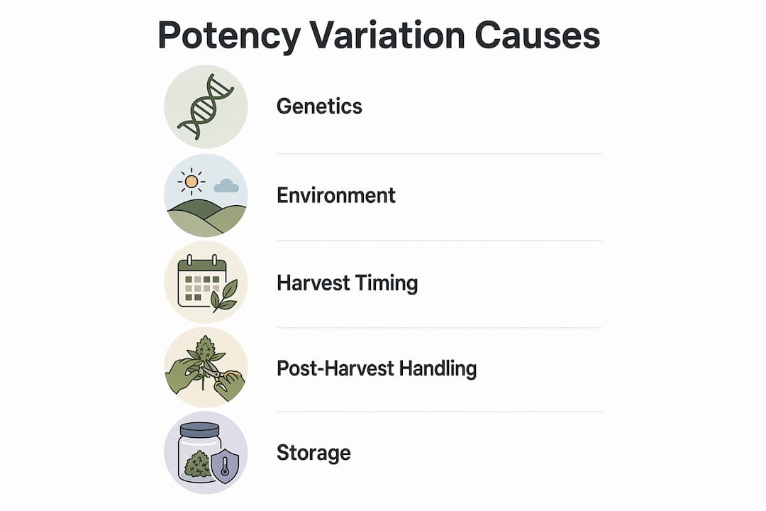 Infographic showing causes of mushroom potency variation